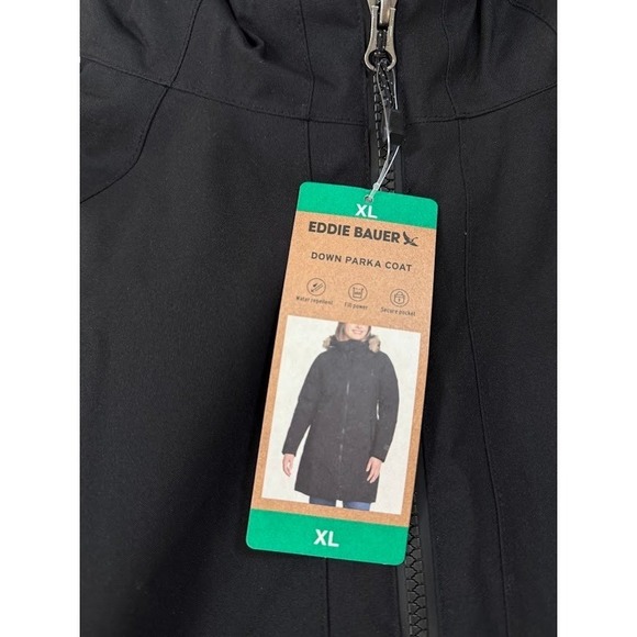Eddie Bauer Womens Weather Edge 650 Down Parka Coat Black Faux Fur Hooded XL - Picture 3 of 8
